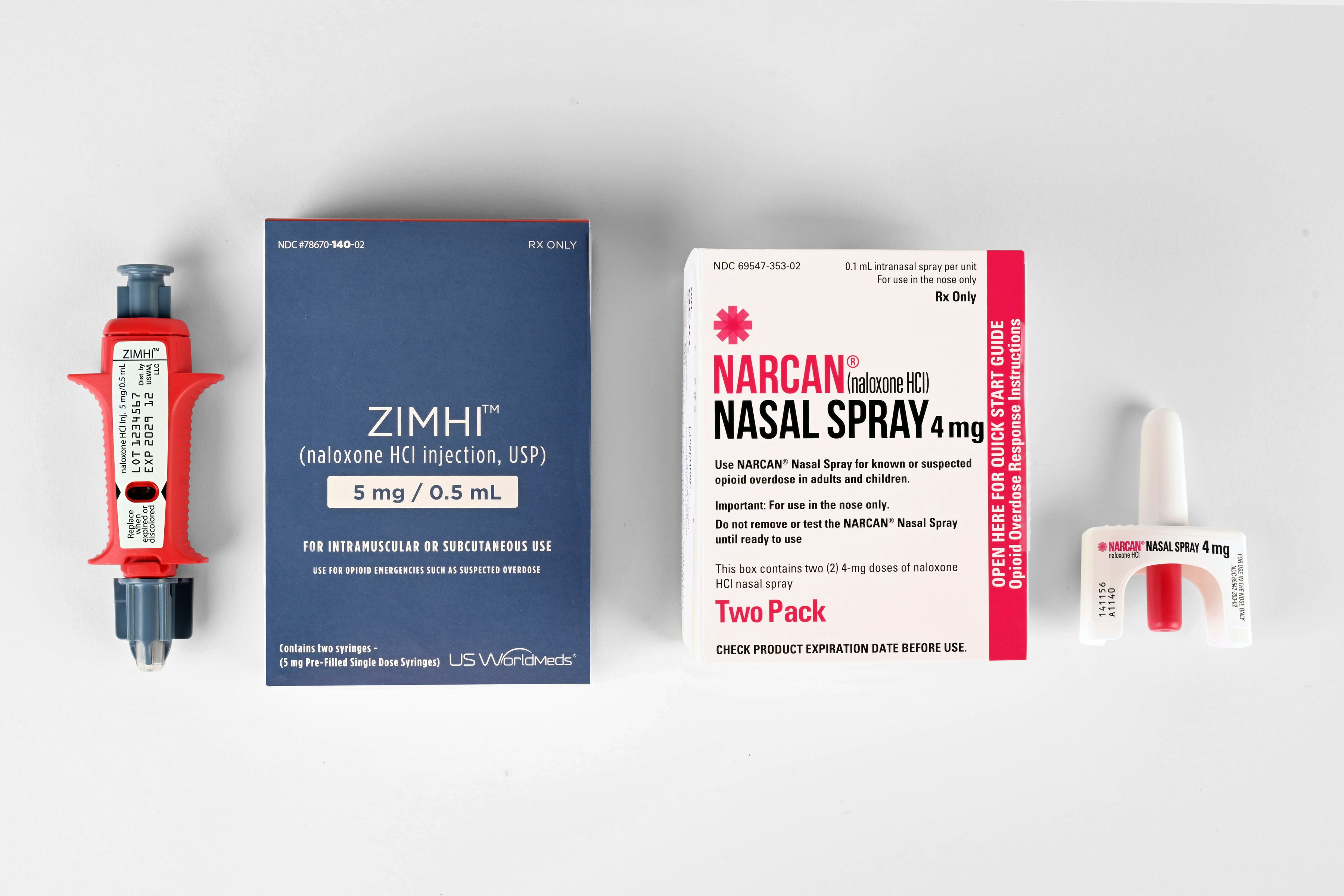 A photo of different types of naloxone nasal sprays