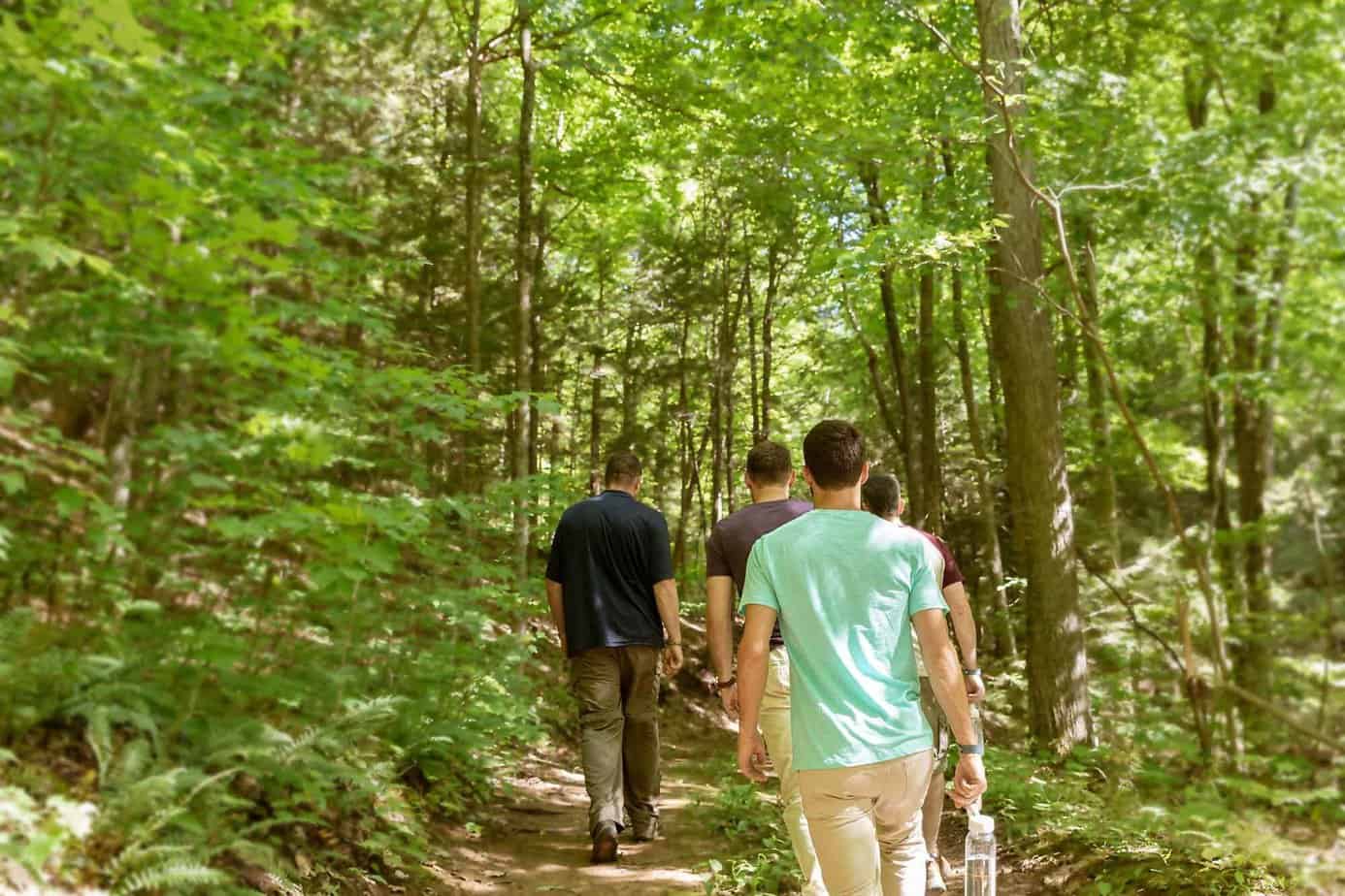 Group of Mountainside Treatment Center clients in recovery on a staff supervised hike in the woods.
