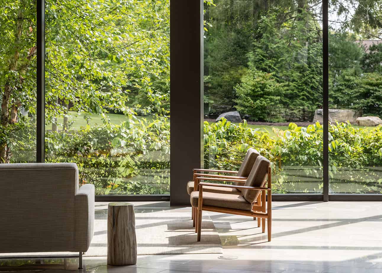 Mountainside Addiction Treatment Center with floor-to-ceiling lobby windows.